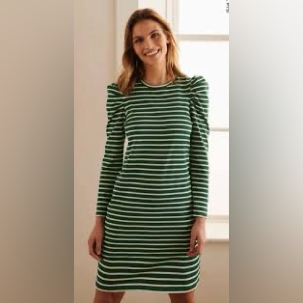 Boden Imogen Breton Cotton Green Cream Striped Puff Sleeve Dress Women’s 8